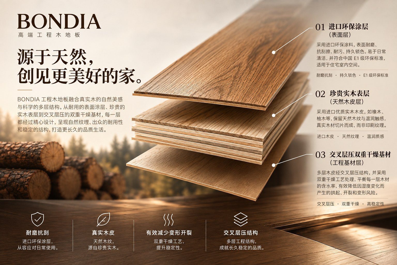 Bondia 工程木地板结构示意图:进口环保涂层表层、珍贵硬木面层单板、交错层压双段干燥芯层