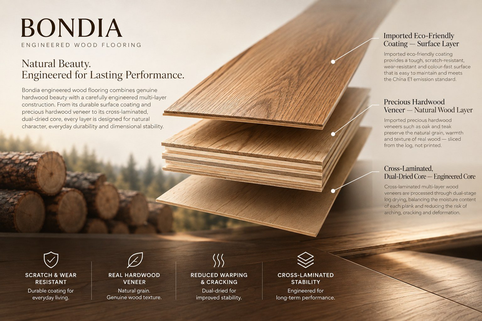 Bondia Engineered Wood Flooring: Natural Beauty, Engineered for Lasting Performance. Bondia engineered wood flooring combines genuine hardwood beauty with a carefully engineered multi-layer construction, from its durable surface coating and precious hardwood veneer to its cross-laminated, dual-dried core. Imported Eco-Friendly Coating (surface layer): a tough, scratch-resistant, wear-resistant and colour-fast surface that is easy to maintain and meets the China E1 emission standard. Precious Hardwood Veneer (natural wood layer): imported precious hardwood veneers such as oak and teak preserve the natural grain, warmth and texture of real wood, sliced from the log, not printed. Cross-Laminated, Dual-Dried Core (engineered core): cross-laminated multi-layer wood veneers are processed through dual-stage log drying, balancing the moisture content of each plank and reducing the risk of arching, cracking and deformation.