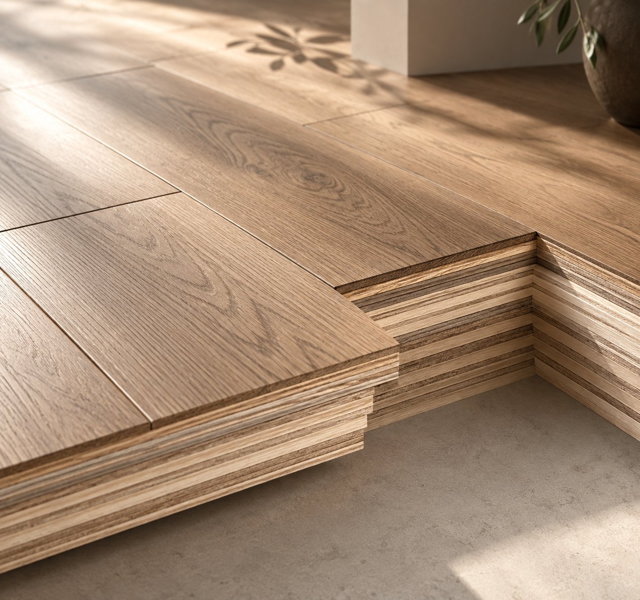 Bondia engineered oak plank being laid, showing the cross-laminated edge